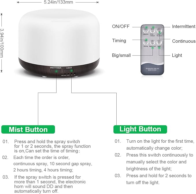 300ML Essential Oil Diffuser with Remote Control,Ultrasonic Aromatherapy Air Diffuser Humidifier,Aroma Diffuser with 7 LED