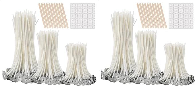 300Pcs Functional Smokeless Candle Wicks,100pcs Wicks Sticker, Pre Waxed Cotton Wick with Metal Sustainer Tabs for Pillar
