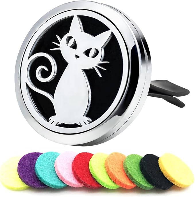 30mm Car Essential Oil Diffuser Vent Clip Christmas Car Accessories for Women Locket with Vent Clips 10 Felt Pads(Cat Black)