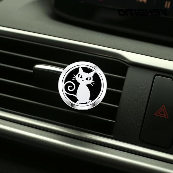 30mm Car Essential Oil Diffuser Vent Clip Christmas Car Accessories for Women Locket with Vent Clips 10 Felt Pads(Cat Black)