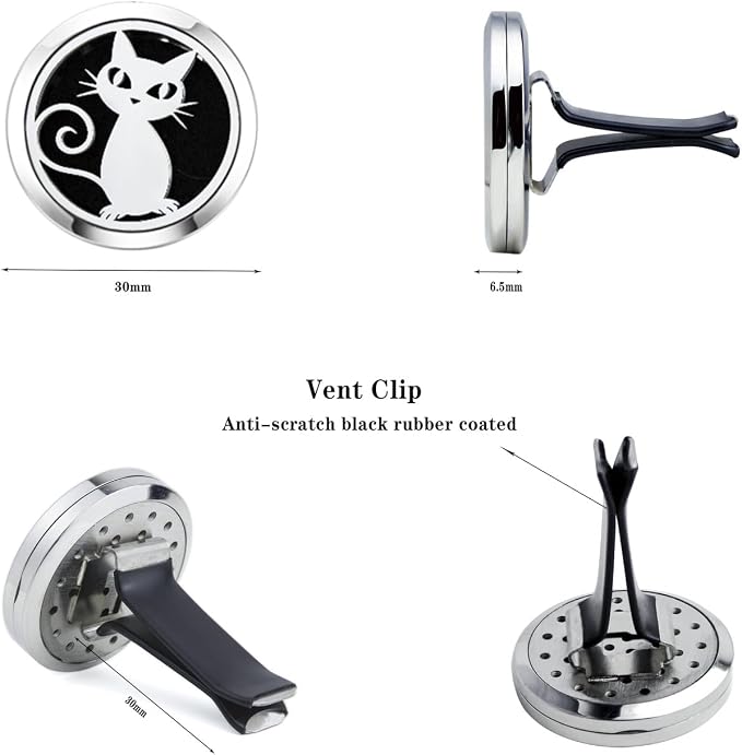 30mm Car Essential Oil Diffuser Vent Clip Christmas Car Accessories for Women Locket with Vent Clips 10 Felt Pads(Cat Black)