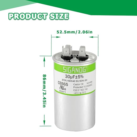 30uF 30 MFD 370V or 450V CBB65 Run Start Capacitor 30 uF 370 450 Volt VAC for Condenser Straight Cool or Heat Pump Air