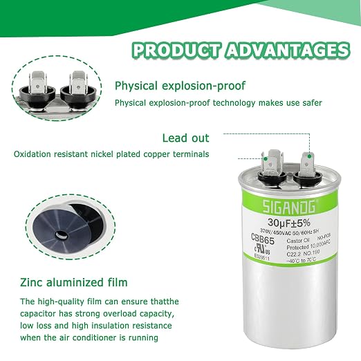30uF 30 MFD 370V or 450V CBB65 Run Start Capacitor 30 uF 370 450 Volt VAC for Condenser Straight Cool or Heat Pump Air