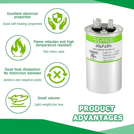 30uF 30 MFD 370V or 450V CBB65 Run Start Capacitor 30 uF 370 450 Volt VAC for Condenser Straight Cool or Heat Pump Air