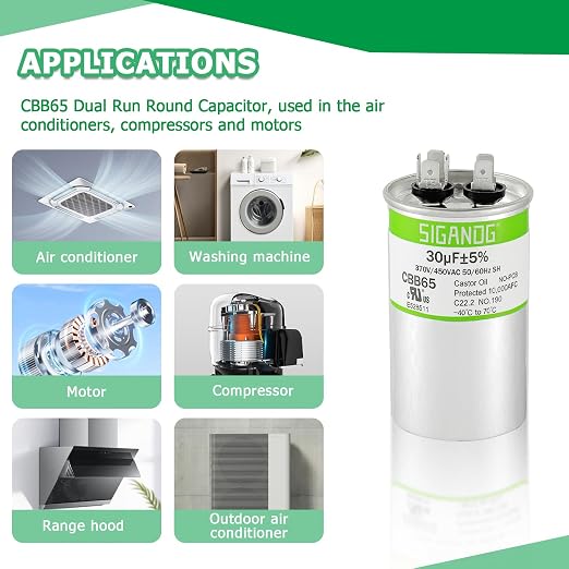 30uF 30 MFD 370V or 450V CBB65 Run Start Capacitor 30 uF 370 450 Volt VAC for Condenser Straight Cool or Heat Pump Air
