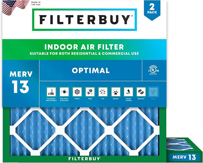 30x30x1 Air Filter MERV 13 Optimal Smoke & Allergy Defense (2-Pack), Electrostatic Pleated HVAC AC Furnace Filters