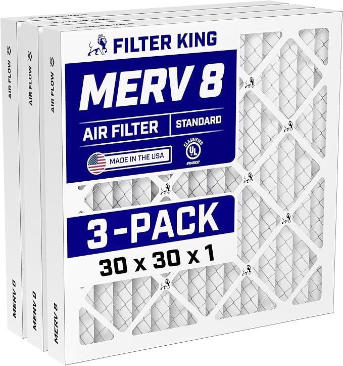 30x30x1 Air Filter (MERV 8) (3-Pack) Dust & Allergy Control AC Furnace Filters, MADE IN USA, HVAC, Pleated
