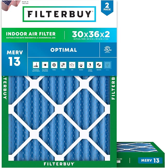 30x36x2 Air Filter MERV 13 Optimal Smoke & Allergy Defense (2-Pack), Electrostatic Pleated HVAC AC Furnace Filters