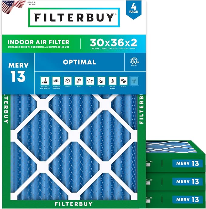 30x36x2 Air Filter MERV 13 Optimal Smoke & Allergy Defense (4-Pack), Electrostatic Pleated HVAC AC Furnace