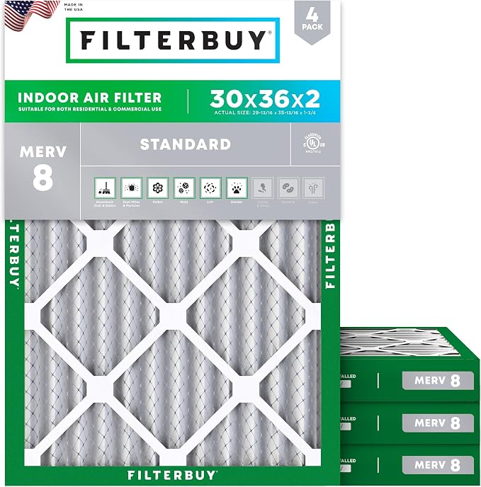 30x36x2 Air Filter MERV 8 Essential Dust & Allergy Defense (4-Pack), Electrostatic Pleated HVAC AC Furnace Filters