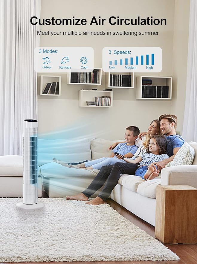 31" Electric Tower Fan That Blow Cold Air, Quiet Cooling Fan with Oscillation 7.5H Timer,Portable Floor Bladeless Standing