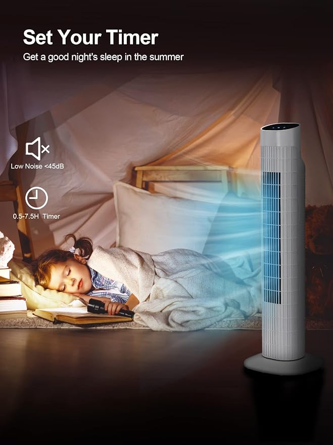 31" Electric Tower Fan That Blow Cold Air, Quiet Cooling Fan with Oscillation 7.5H Timer,Portable Floor Bladeless Standing