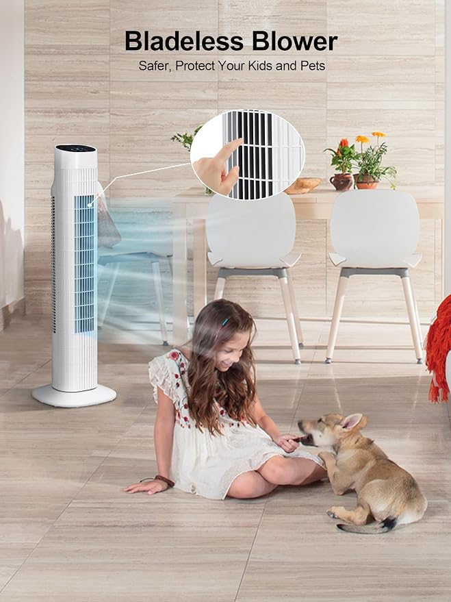 31" Electric Tower Fan That Blow Cold Air, Quiet Cooling Fan with Oscillation 7.5H Timer,Portable Floor Bladeless Standing