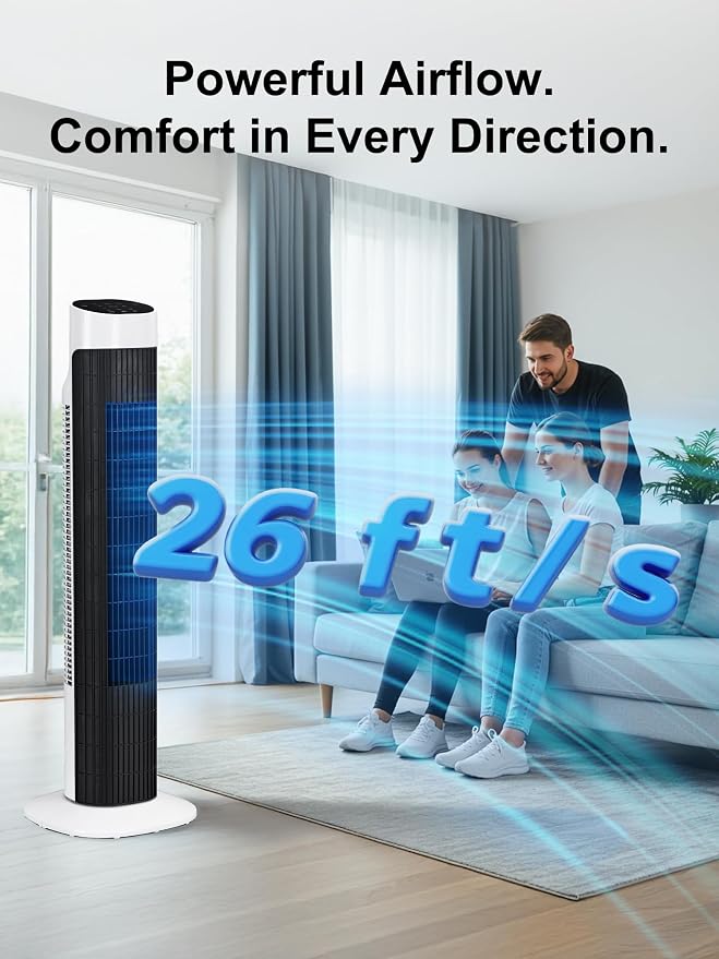 31”Tower Fan for Bedroom, 120° Oscillating Electric Bladeless Fan with Remote, 3 Speeds, 3 Modes, 7.5H Timer, 26ft/s Velocity