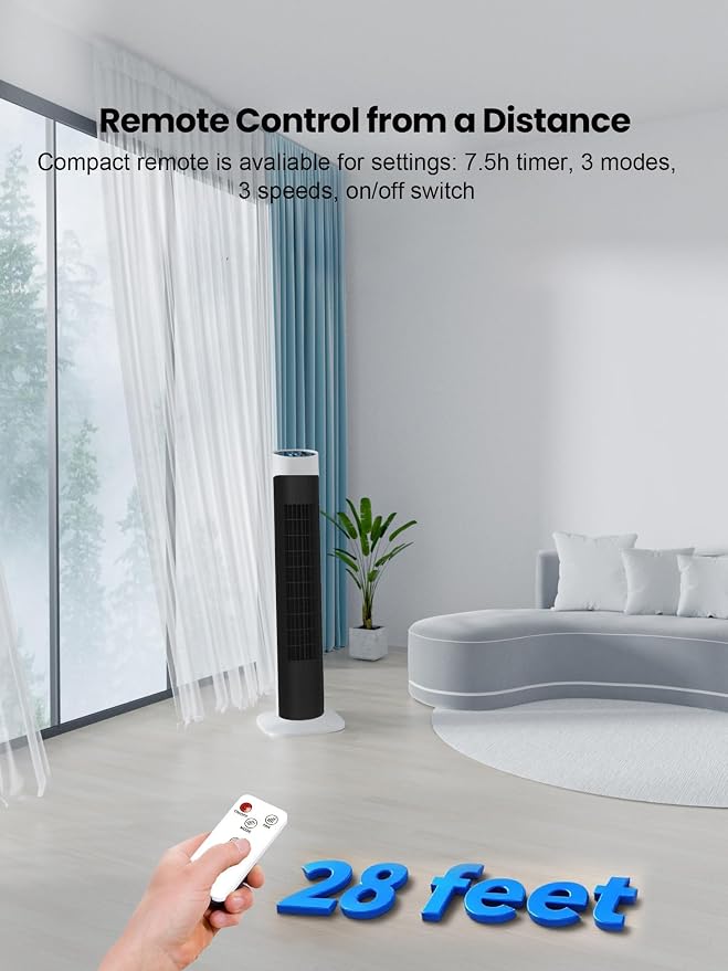 31”Tower Fan for Bedroom, 120° Oscillating Electric Bladeless Fan with Remote, 3 Speeds, 3 Modes, 7.5H Timer, 26ft/s Velocity