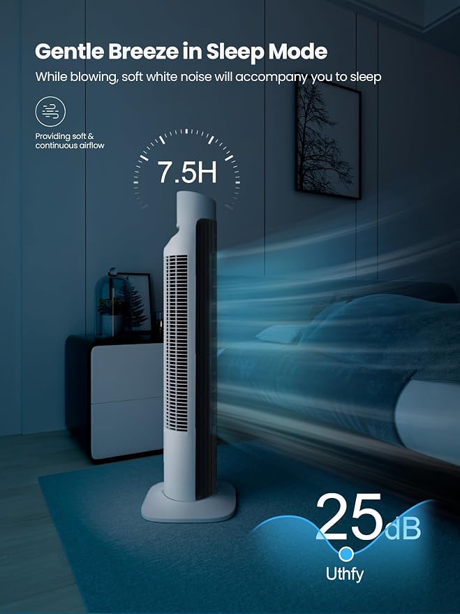 31”Tower Fan for Bedroom, 120° Oscillating Electric Bladeless Fan with Remote, 3 Speeds, 3 Modes, 7.5H Timer, 26ft/s Velocity
