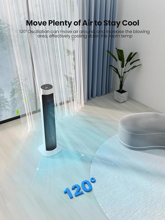 31”Tower Fan for Bedroom, 120° Oscillating Electric Bladeless Fan with Remote, 3 Speeds, 3 Modes, 7.5H Timer, 26ft/s Velocity