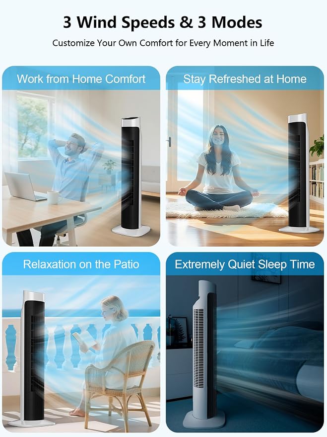 31”Tower Fan for Bedroom, 120° Oscillating Electric Bladeless Fan with Remote, 3 Speeds, 3 Modes, 7.5H Timer, 26ft/s Velocity