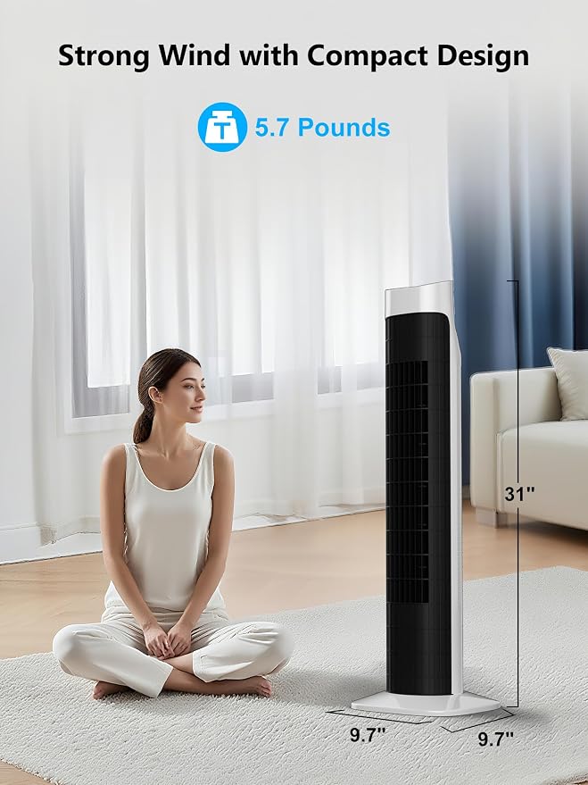 31”Tower Fan for Bedroom, 120° Oscillating Electric Bladeless Fan with Remote, 3 Speeds, 3 Modes, 7.5H Timer, 26ft/s Velocity