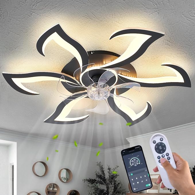 32" Black Geometric Modern 6-Head Ceiling Fan with Lights Remote Control, Low Profile Ceiling Fan with Light for