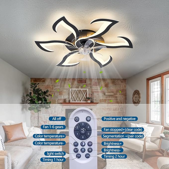 32" Black Geometric Modern 6-Head Ceiling Fan with Lights Remote Control, Low Profile Ceiling Fan with Light for, alternate
