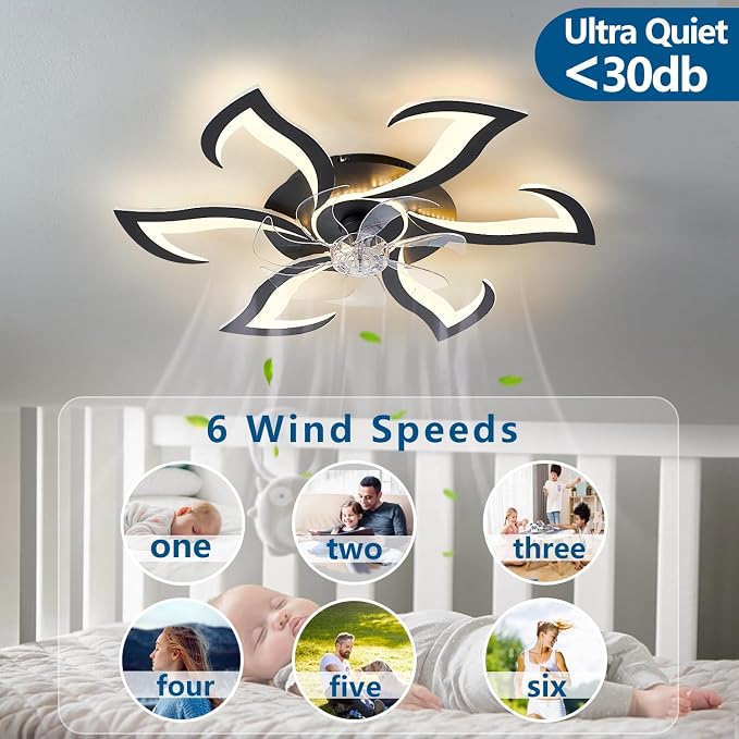 32" Black Geometric Modern 6-Head Ceiling Fan with Lights Remote Control, Low Profile Ceiling Fan with Light for, alternate
