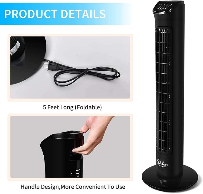 32-Inch Electric Oscillating Tower Fan with Remote Control for Indoor, Bedroom and Home Office, Black, alternate product view