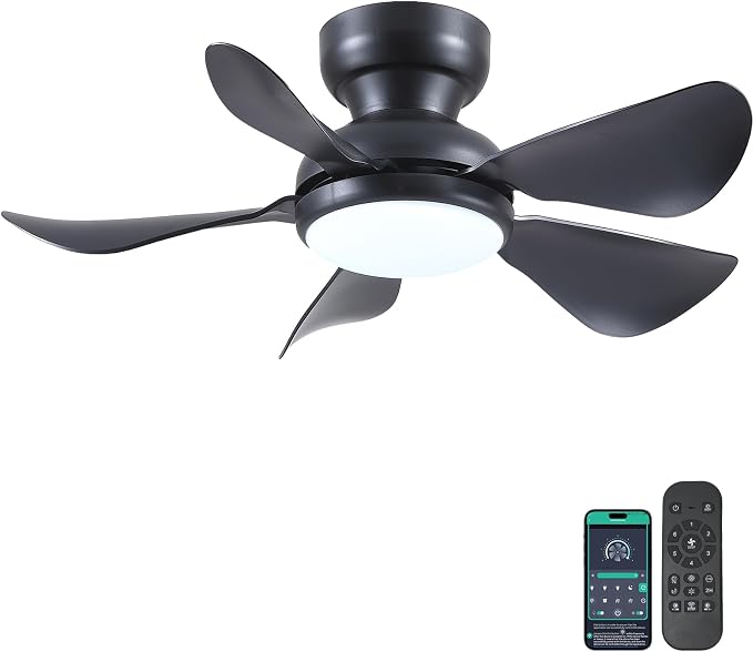 32 Inch Modern Ceiling Fans with Lights, Small Flush Mount Ceiling Fan with Light and Remote/APP Control, 5 Reversible 6