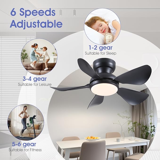 32 Inch Modern Ceiling Fans with Lights, Small Flush Mount Ceiling Fan with Light and Remote/APP Control, 5 Reversible 6