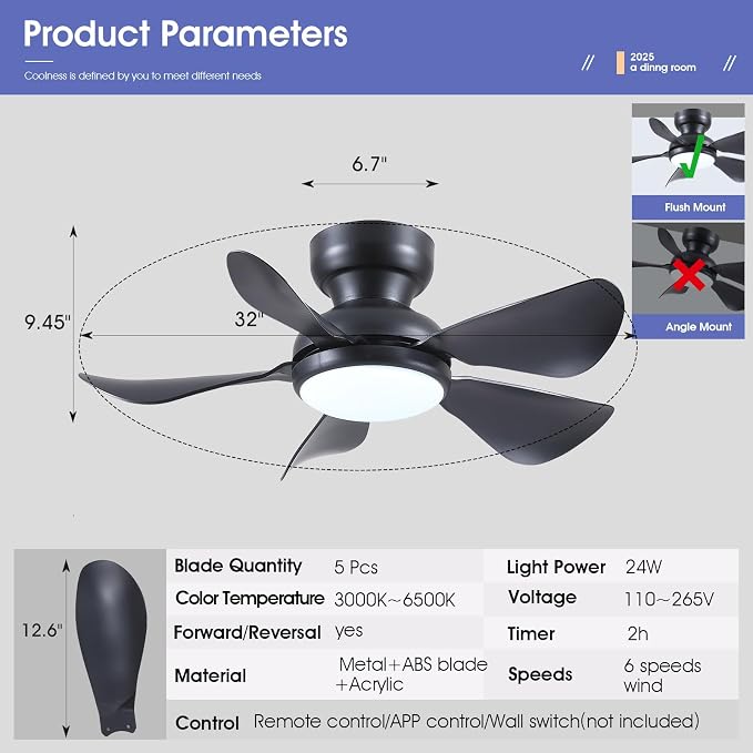 32 Inch Modern Ceiling Fans with Lights, Small Flush Mount Ceiling Fan with Light and Remote/APP Control, 5 Reversible 6