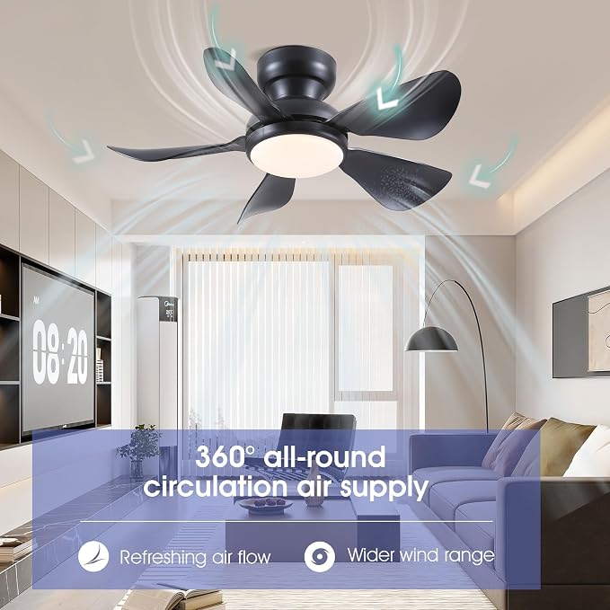 32 Inch Modern Ceiling Fans with Lights, Small Flush Mount Ceiling Fan with Light and Remote/APP Control, 5 Reversible 6