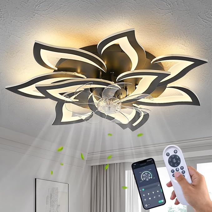 32" Modern Geometric Ceiling Fan with Lights Remote Control, Black 6 Speeds 3 Colors Low Profile Ceiling Fan with Light for