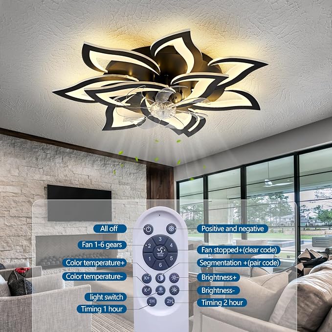 32" Modern Geometric Ceiling Fan with Lights Remote Control, Black 6 Speeds 3 Colors Low Profile Ceiling Fan with Light for