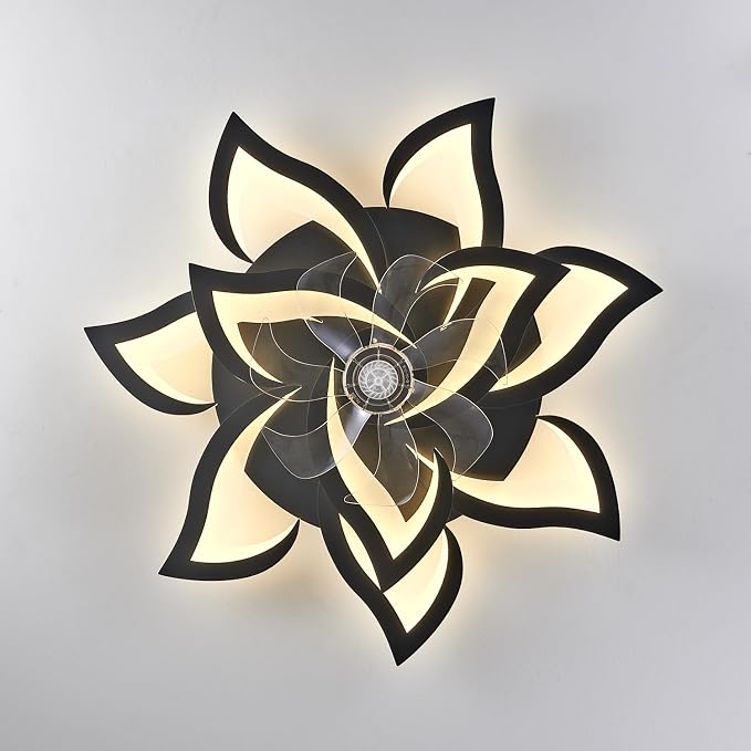 32" Modern Geometric Ceiling Fan with Lights Remote Control, Black 6 Speeds 3 Colors Low Profile Ceiling Fan with Light for