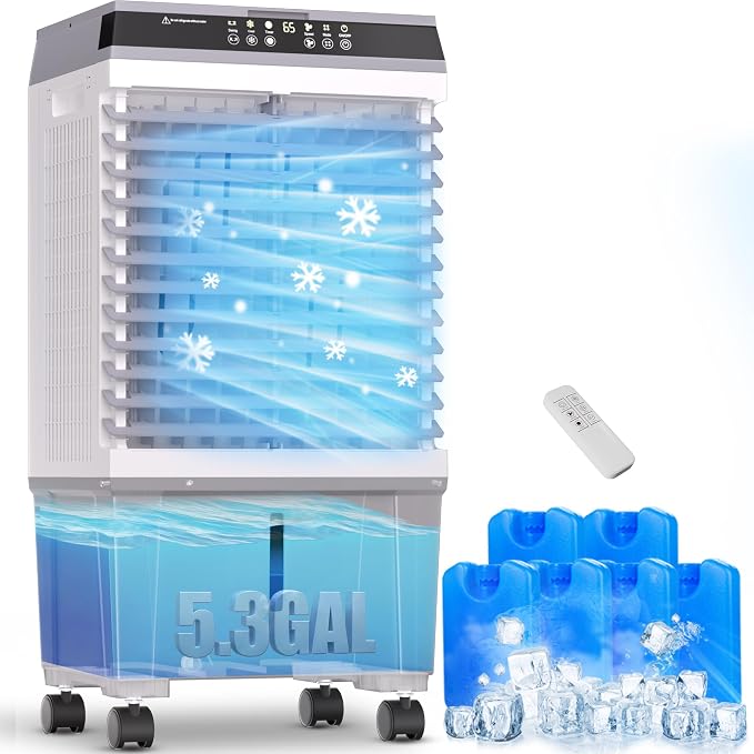 32" Swamp Cooler Air Conditioner,1800 CFM Portable Evaporative Air Cooler,Cooling Fan for Room Garage Patio,5.3 Gal Water