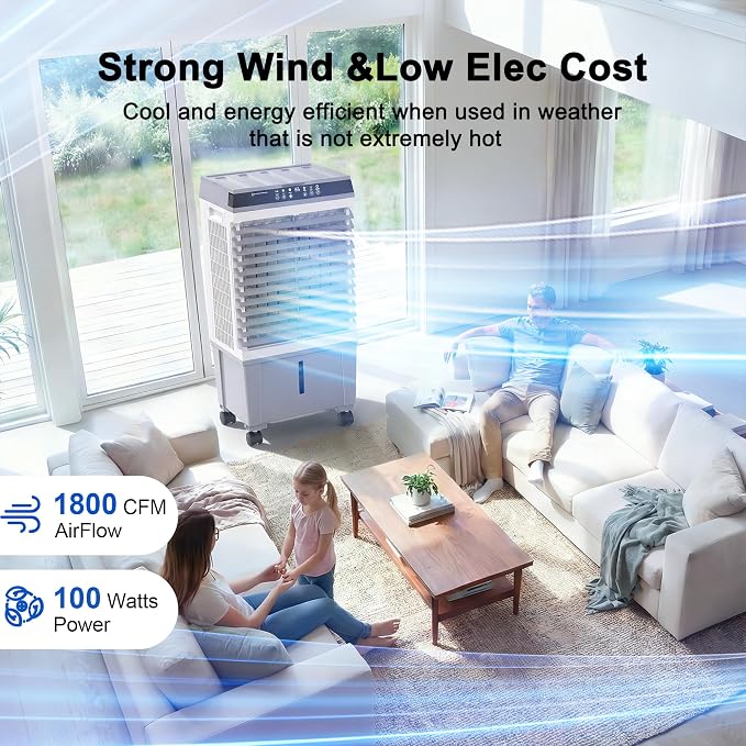 32" Swamp Cooler Air Conditioner,1800 CFM Portable Evaporative Air Cooler,Cooling Fan for Room Garage Patio,5.3 Gal Water