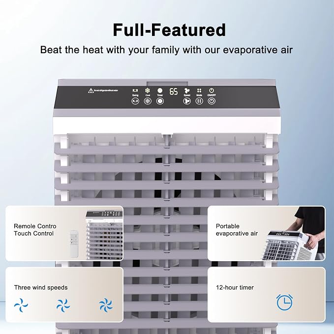 32" Swamp Cooler Air Conditioner,1800 CFM Portable Evaporative Air Cooler,Cooling Fan for Room Garage Patio,5.3 Gal Water