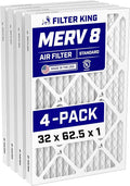 32x62.5x1 Air Filter (MERV 8) (4-Pack) Dust & Allergy Control AC Furnace Filters, MADE IN USA, HVAC, Pleated, product image
