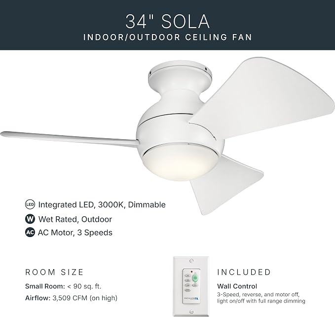330150MWH 34 Inch Sola Ceiling Fan LED, 3 Speed Wall Control Full Function, Matte White Finish with Matte White Blades