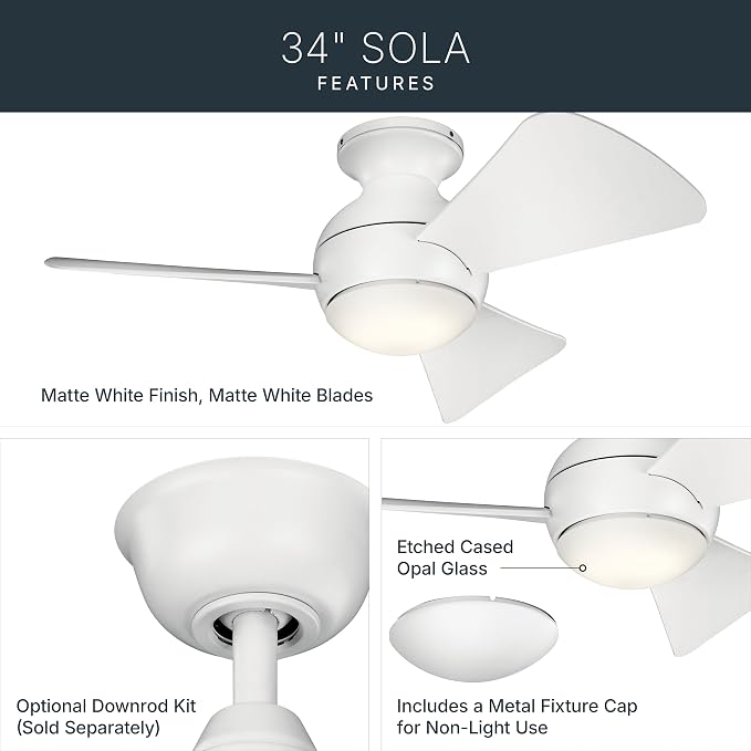 330150MWH 34 Inch Sola Ceiling Fan LED, 3 Speed Wall Control Full Function, Matte White Finish with Matte White Blades