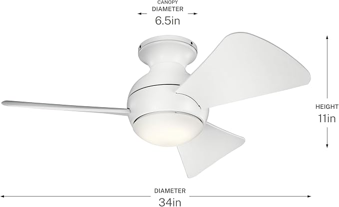 330150MWH 34 Inch Sola Ceiling Fan LED, 3 Speed Wall Control Full Function, Matte White Finish with Matte White Blades
