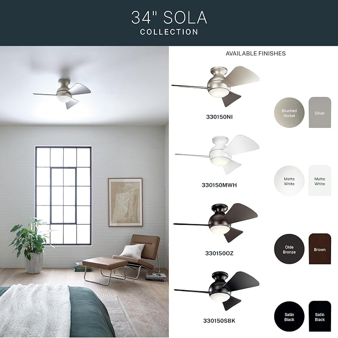 330150MWH 34 Inch Sola Ceiling Fan LED, 3 Speed Wall Control Full Function, Matte White Finish with Matte White Blades