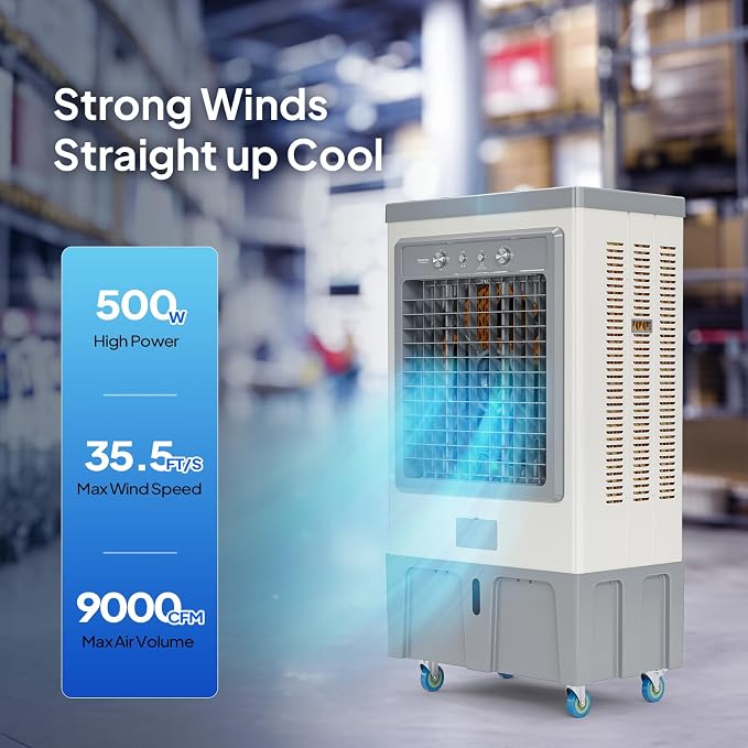 34.3Gal/130L Commercial Swamp Cooler, 9000CFM Powerful Evaporative Air Cooler, 500W Strong Motor, 3 Speeds, 4 Ice Packs