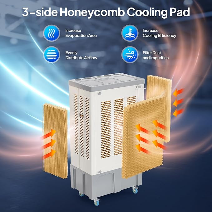 34.3Gal/130L Commercial Swamp Cooler, 9000CFM Powerful Evaporative Air Cooler, 500W Strong Motor, 3 Speeds, 4 Ice Packs