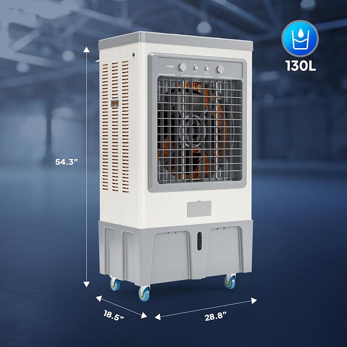 34.3Gal/130L Commercial Swamp Cooler, 9000CFM Powerful Evaporative Air Cooler, 500W Strong Motor, 3 Speeds, 4 Ice Packs