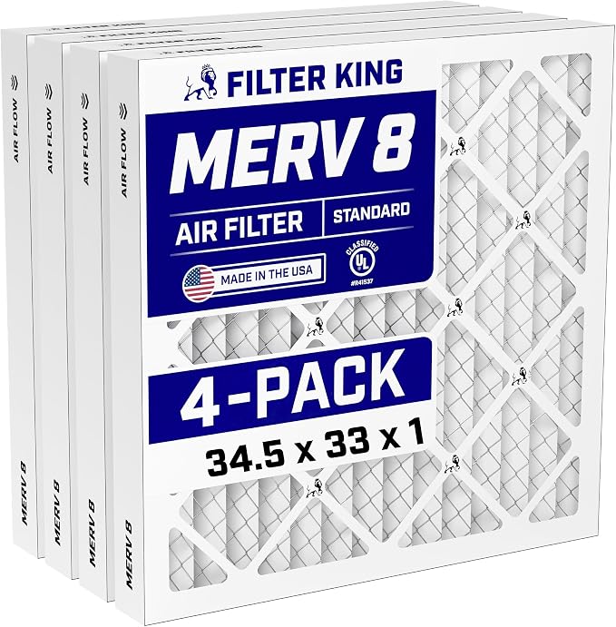 34.5x33x1 Air Filter (MERV 8) (4-Pack) Dust & Allergy Control AC Furnace Filters, MADE IN USA, HVAC, Pleated, product image
