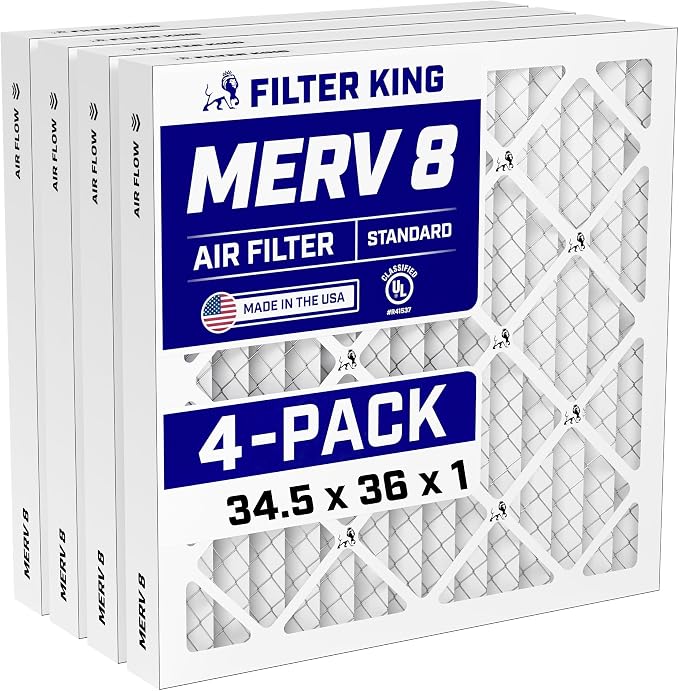 34.5x36x1 Air Filter (MERV 8) (4-Pack) Dust & Allergy Control AC Furnace Filters, MADE IN USA, HVAC, Pleated, product image