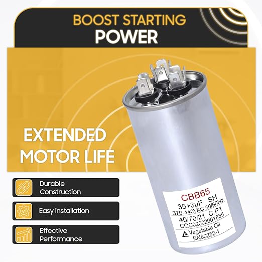 35+3 uF 35/3 MFD 370V/440V CBB65B Dual Run Round Capacitor 50/60 Hz - Replacement for AC Motor Run or Fan Start, alternate
