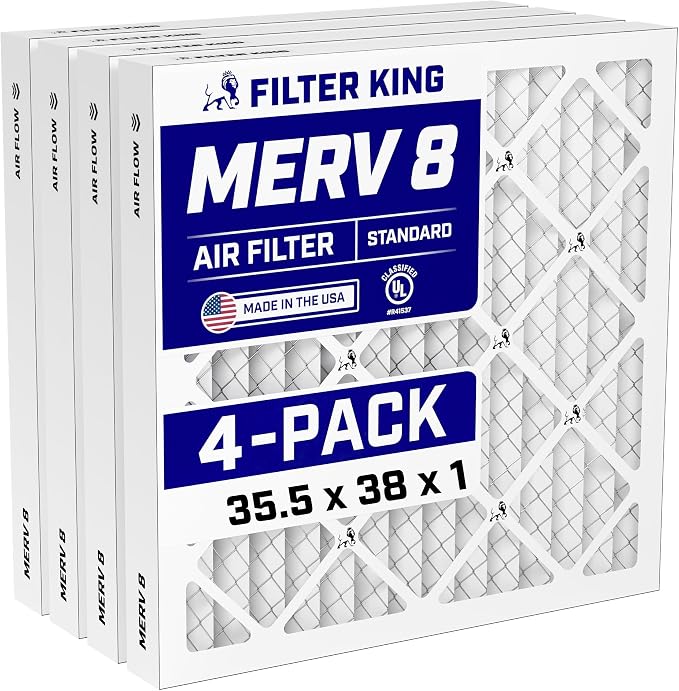 35.5x38x1 Air Filter (MERV 8) (4-Pack) Dust & Allergy Control AC Furnace Filters, MADE IN USA, HVAC, Pleated, product image
