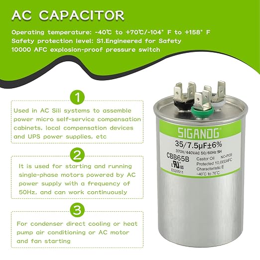 35/7.5 uF 35+7.5 MFD 370V or 440V CBB65 Dual Run Start Round Capacitor 35 7.5 uF MFD 370 440 Volt VAC for, alternate view 3